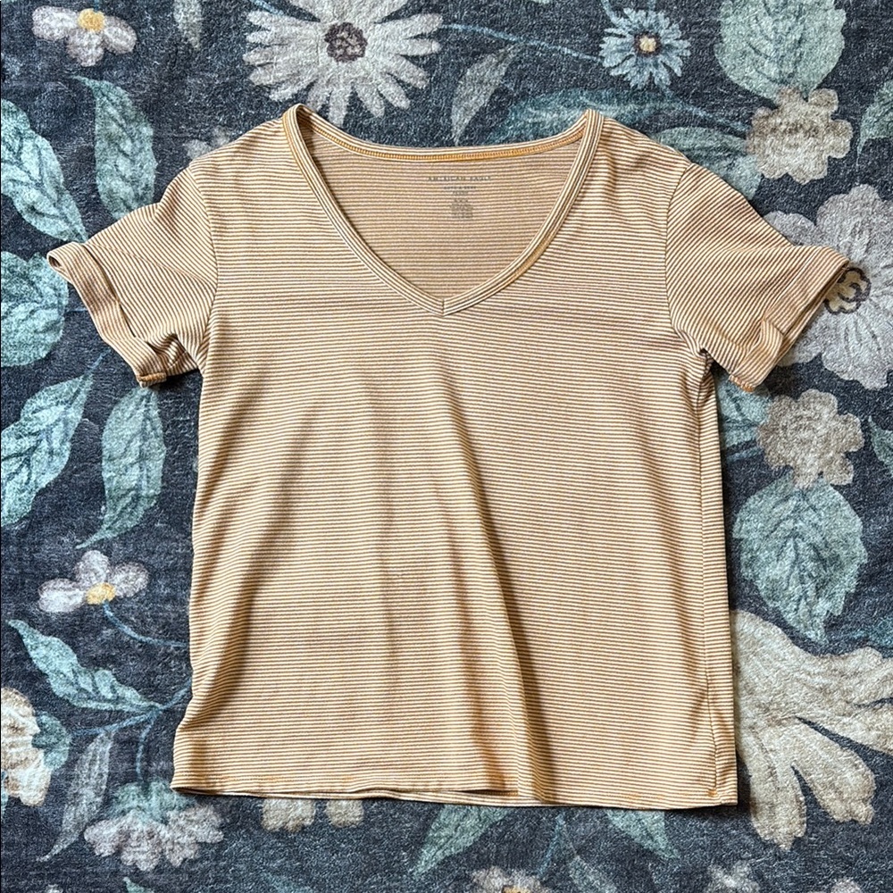 American Eagle Outfitters Yellow Striped Short Sleeve T-Shirt